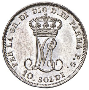 reverse: Parma - Maria Luigia (1815-1847) 10 Soldi 1815 - D/ M LUIGIA PRIN IMP ARCID D AUS, busto diademato a sinistra; in esergo la data R/ PER LA GR DI DIO D DI PARMA P G, grande monogramma ML coronato; valore in esergo - Gig. 10 Ag 2,50 g • Fondi praticamente a specchio.. FDC