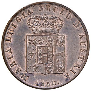 obverse: Parma - Maria Luigia (1815-1847) 5 Centesimi 1830 - D/ MARIA LUIGIA ARCID D AUSTRIA, stemma della Duchessa sormontato da una corona Ducale; sotto la data 1830 R/ DUCHESSA DI PARMA PIACENZA E GUASTALLA, nel campo indicazione del valore su due righe - Gig. 14 Cu 10,06 g • Zone di rame rosso. FDC