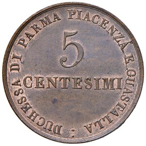 reverse: Parma - Maria Luigia (1815-1847) 5 Centesimi 1830 - D/ MARIA LUIGIA ARCID D AUSTRIA, stemma della Duchessa sormontato da una corona Ducale; sotto la data 1830 R/ DUCHESSA DI PARMA PIACENZA E GUASTALLA, nel campo indicazione del valore su due righe - Gig. 14 Cu 10,06 g • Zone di rame rosso. FDC