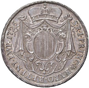 reverse: Retegno - Antonio Tolomeo Gallio Trivulzio (1708-1767) Tallero 1726 - D/ ANT PTOLOM TRIVULTIUS, busto corazzato e paludato rivolto a destra R/ S R I PRIN & BARO RETENY IMP 1726, stemma dei tre pali in cornice ovale su manto sormontato da corona - MIR 914 Ag 29,14 g RR. SPL/m. di SPL