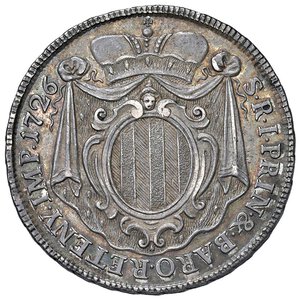 reverse: Retegno - Antonio Tolomeo Gallio Trivulzio (1708-1767) Mezzo Tallero 1726 - D/ ANT PTOLOM - TRIVULTIUS, busto corazzato e paludato rivolto a destra R/ S R I PRIN & BARO RETENY IMP 1726, stemma dei tre pali in cornice ovale su manto sormontato da corona - MIR 915 Ag 14,43g RR. SPL