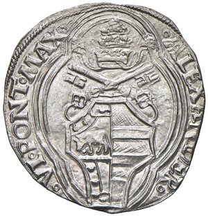 obverse: Roma - Alessandro VI (1492-1503) Grosso - D/ ALEXANDER - VI PONT MAX, stemma sormontato da chiavi decussate e tiara R/ S - PETRVS S - PAVLVS, San Pietro e San Paolo stanti di fronte; in esergo ROMA - Munt. 16 Ag 3,27 g. qFDC-FDC