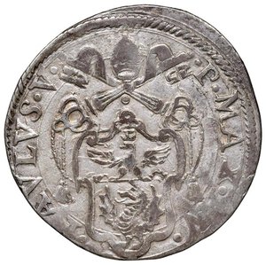 obverse: Roma - Paolo V (1605-1621) Testone an. V - D/ PAVLVS V - P MAX A V, stemma a targa sormontato da chiavi decussate con cordone e fiocco e da tiara R/ S PAVLVS - AMLA ROMA, San Paolo stante di fronte, con la spada puntata a terra - MIR manca CNI manca Ag 9,43 g • Simile al CNI 239 dal quale si differenzia per avere una sola S anzichè due prima della scritta PAVLVS al rovescio. Varietà estremamente rara, che presenta nella legenda la scritta AMLA, non censita nei principali testi numismatici.. BB