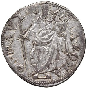 reverse: Roma - Paolo V (1605-1621) Testone an. V - D/ PAVLVS V - P MAX A V, stemma a targa sormontato da chiavi decussate con cordone e fiocco e da tiara R/ S PAVLVS - AMLA ROMA, San Paolo stante di fronte, con la spada puntata a terra - MIR manca CNI manca Ag 9,43 g • Simile al CNI 239 dal quale si differenzia per avere una sola S anzichè due prima della scritta PAVLVS al rovescio. Varietà estremamente rara, che presenta nella legenda la scritta AMLA, non censita nei principali testi numismatici.. BB