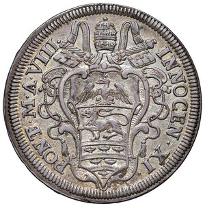 obverse: Roma - Innocenzo XI (1676-1689) Testone 1684 an. VIII - D/ INNOCEN XI - PONT M A VIII, stemma oblungo a punta con fogliame, sormontato da tiara e chiavi decussate seminascoste con cordone attorcigliato e fiocco R/ MELIVS / EST DARE / QVAM / ACCIPERE / 1684, in cartella a targa poligonale con fogliame chiusa in alto da testa leonina - MIR 2035/16 Munt. 70 Ag 8,99 g R. SPL/qSPL