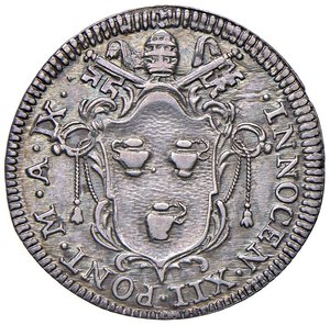 obverse: Roma - Innocenzo XII (1691-1700) Giulio 1700 an. IX - D/ INNOCEN XII PONT M A IX, stemma poligonale a volute della famiglia Pignatelli, sormontato da chiavi decussate con cordone e fiocco, e tiara. R/ LEI MDCC - ANNO IVBI, la Porta Santa aperta - MIR 2175/1 Munt. 52 Ag 2,97 g R. qFDC