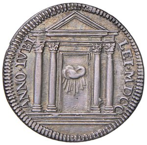 reverse: Roma - Innocenzo XII (1691-1700) Giulio 1700 an. IX - D/ INNOCEN XII PONT M A IX, stemma poligonale a volute della famiglia Pignatelli, sormontato da chiavi decussate con cordone e fiocco, e tiara. R/ LEI MDCC - ANNO IVBI, la Porta Santa aperta - MIR 2175/1 Munt. 52 Ag 2,97 g R. qFDC