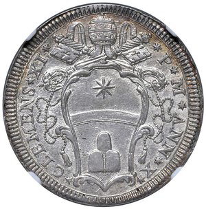 obverse: Roma - Clemente XI (1700-1721) Testone an. X - D/ CLEMENS XI - P M ANN X, stemma sormontato da chiavi decussate con cordone intrecciato e fiocco e da tiara R/ NE OBLIVISCARIS PAVPERVM, motto entro cartella ornata da due rami di palma chiusa in alto da una maschera e in basso da armetta Annibaldi della Molara - MIR 2291/2 Munt. 72 Ag R • Inusuale conservazione per un testone di rara apparizione, dal metallo fresco e fondi lucenti. TOP POP, miglior esemplare certificato NGC MS 62 n. 6635714-012. qFDC