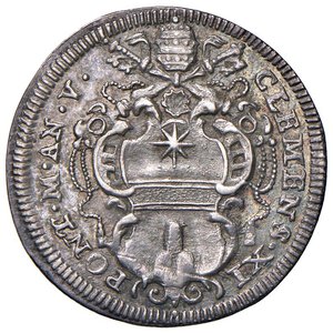 obverse: Roma - Clemente XI (1700-1721) Giulio an. V - D/ CLEMENS XI - PONT M AN V, stemma a targa sagomata con conchiglia in alto e senza maschera in basso, sormontato da chiavi decussate con cordone serpeggiante e fiocco, e da tiara R/ San Francesco nimbato, genuflesso a sinistra con le braccia aperte in atto di ricevere le stigmate; in alto a sinistra cherubino raggiante tra nubi - MIR 2296/2 Munt. 118 Ag 3,02 g R • Leggeri hairlines al rovescio.. m. di SPL