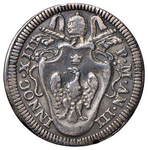 obverse: Roma - Innocenzo XIII (1721-1724) Grosso 1723 - D/ INNOC XIII - P M AN III, stemma ovale sagomato sormontato da chiavi decussate in parte nascoste con cordone e tiara R/ ERIGIT / ELISOS / 1723, in cartella tonda con stella in alto - MIR 2404/5 Munt. 12 Ag 1,57 g RR • Minimo colpetto al bordo. m. di BB