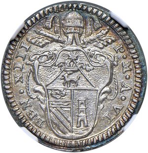 obverse: Roma - Benedetto XIII (1724-1730) Grosso 1729 an. VI - D/ BEN XIII - P M AN VI, stemma a targa sopra e semiovale sotto, sormontato da chiavi decussate con cordone e tiara R/ DA NE NOCEAT 1729, in cartella sagomata con fogliami - MIR 2449/1 Munt. 15 Ag R • In slab NGC MS 62 n. 6634747-007. qFDC