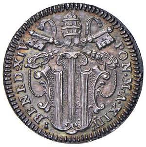 obverse: Roma - Benedetto XIV (1740-1758) Grosso an. XIII - D/ BENED XIV - PON M A XIII, stemma a targa sormontato da chiavi decussate con cordone e fiocco e da tiara R/ TOTA PVL - CHRA ES, la Beata Vergine della Concezione,velata, con nimbo di tre stelle per lato attorno al capo, in piedi di fronte, tiene lo sguardo al cielo e le braccia conserte - MIR 2616/2 Munt. 66a Ag 1,29 g NC. FDC/qFDC