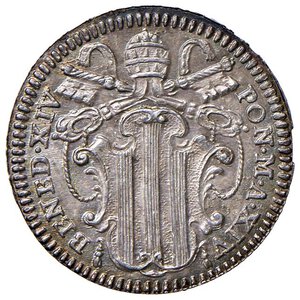 obverse: Roma - Benedetto XIV (1740-1758) Grosso an. XIV - D/ BENED XIV - PON M A XIV, stemma a targa sormontato da chiavi decussate con cordone e fiocco e da tiara R/ TOTA PVL - CHRA ES, la Beata Vergine della Concezione,velata, con nimbo di tre stelle per lato attorno al capo, in piedi di fronte, tiene lo sguardo al cielo e le braccia conserte - MIR 2616/3 Munt. 66b Ag 1,24 g. FDC/qFDC