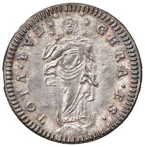 reverse: Roma - Benedetto XIV (1740-1758) Grosso an. XIV - D/ BENED XIV - PON M A XIV, stemma a targa sormontato da chiavi decussate con cordone e fiocco e da tiara R/ TOTA PVL - CHRA ES, la Beata Vergine della Concezione,velata, con nimbo di tre stelle per lato attorno al capo, in piedi di fronte, tiene lo sguardo al cielo e le braccia conserte - MIR 2616/3 Munt. 66b Ag 1,24 g. FDC/qFDC