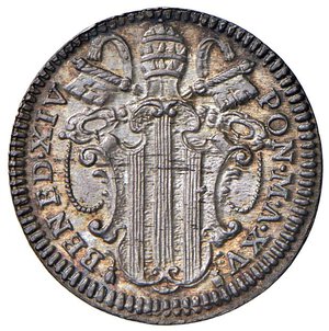 obverse: Roma - Benedetto XIV (1740-1758) Grosso an. XV - D/ BENED XIV - PON M A XV, stemma a targa sormontato da chiavi decussate con cordone e fiocco e da tiara R/ TOTA PVL - CHRA ES, la Beata Vergine della Concezione,velata, con nimbo di tre stelle per lato attorno al capo, in piedi di fronte, tiene lo sguardo al cielo e le braccia conserte - MIR 2616/4 Munt. 66c Ag 1,29 g R. FDC