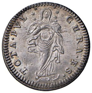 reverse: Roma - Benedetto XIV (1740-1758) Grosso an. XV - D/ BENED XIV - PON M A XV, stemma a targa sormontato da chiavi decussate con cordone e fiocco e da tiara R/ TOTA PVL - CHRA ES, la Beata Vergine della Concezione,velata, con nimbo di tre stelle per lato attorno al capo, in piedi di fronte, tiene lo sguardo al cielo e le braccia conserte - MIR 2616/4 Munt. 66c Ag 1,29 g R. FDC