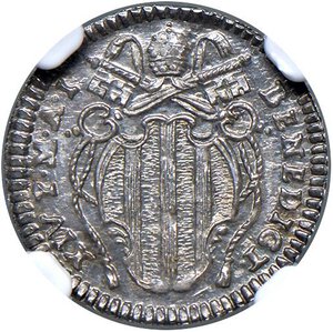 obverse: Roma - Benedetto XIV (1740-1758) Mezzo Grosso an. I - D/ BENEDICT - XIV P M A I, stemma ovale sagomato, sormontato da chiavi con impugnatura a cuore con doppio cordone e fiocco e da tiara R/ BENE FAC HVMILI, in cartella su tre righe - MIR 2609/1 Munt. 146 Ag R • In slab NGC MS 65 n. 6634747-012. FDC