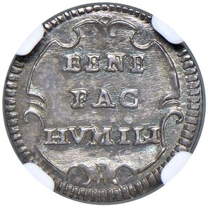 reverse: Roma - Benedetto XIV (1740-1758) Mezzo Grosso an. I - D/ BENEDICT - XIV P M A I, stemma ovale sagomato, sormontato da chiavi con impugnatura a cuore con doppio cordone e fiocco e da tiara R/ BENE FAC HVMILI, in cartella su tre righe - MIR 2609/1 Munt. 146 Ag R • In slab NGC MS 65 n. 6634747-012. FDC