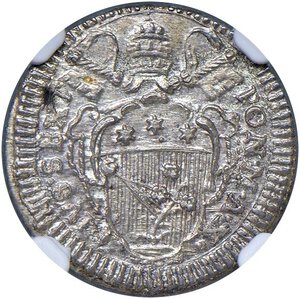 obverse: Roma - Pio VI (1775-1799) Grosso an. X - D/ PIVS SEXT - PON M A X, stemma ovale sagomato sormontato da chiavi decussate con doppio cordone e tiara R/ AVXILIVM DE SANCTO, ghirlanda sinistrosa d’alloro con bacche - MIR 2772/9 Munt. 57 Ag • In slab NGC MS 64 n. 6634747-018. FDC