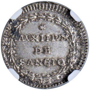 reverse: Roma - Pio VI (1775-1799) Grosso an. X - D/ PIVS SEXT - PON M A X, stemma ovale sagomato sormontato da chiavi decussate con doppio cordone e tiara R/ AVXILIVM DE SANCTO, ghirlanda sinistrosa d’alloro con bacche - MIR 2772/9 Munt. 57 Ag • In slab NGC MS 64 n. 6634747-018. FDC