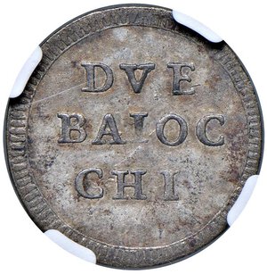 reverse: Roma - Pio VI (1775-1799) Muraiola da 2 Baiocchi 1778 - D/ PIVS - SEX - TVS, grandi chiavi decussate legate con doppio cordone intrecciato e due fiocchi pendenti che interrompono la data 1 77 8 R/ DVE BAIOC CHI, valore nel campo su tre righe - MIR 2789/2 Munt. 92a Mi NC • Moneta più rara di quanto indicato nei cataloghi specialmente in questo stato di conservazione. TOP POP, miglior esemplare certificato NGC MS 62 n. 6634747-003. qFDC