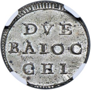 reverse: Roma - Pio VI (1775-1799) Muraiola da 2 Baiocchi 1796 - D/ PIVS - SEX - TVS, grandi chiavi decussate legate con doppio cordone intrecciato e due fiocchi pendenti che interrompono la data 1 79 6 R/ DVE BAIOC CHI, valore nel campo su tre righe - MIR 2789/4 Munt. 92c Mi RR • Moneta unica nel suo genere, un vero gioiello numismatico. TOP POP, miglior esemplare certificato NGC MS 64 n. 6634747-004. FDC