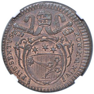 obverse: Roma - Pio VI (1775-1799) Mezzo Baiocco an. XIV - D/ PIVS SEXTVS - PONT M A XIV, stemma ovale in cornice, cimasa a due volute, chiavi decussate con doppio cordone e fiocco, sormontate da tiara R/ MEZZO BAIOCCO ROMANO, valore entro corona di alloro - MIR 2793/7 Munt. 138b • TOP POP, miglior esemplare certificato NGC MS 65 BN n. 6634747-005. FDC