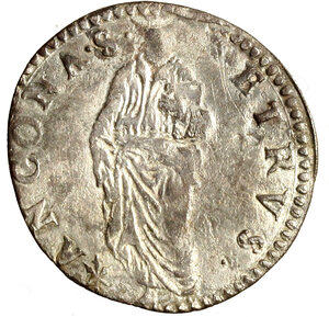 reverse: ANCONA. Giulio III (1550-1555) Giulio (g. 2,96) IVLIVS III PONT MAX, Stemma. R/ S PETRVS ANCONA, S. Pietro stante. Munt. 55; Berm. 1013.    AR     RARO.    SPL