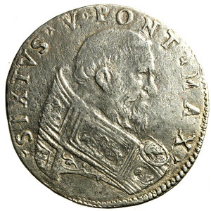 obverse: BOLOGNA. Sisto V (1585-1590) Testone. (9,38 g) Busto volto a ds. R/ Felsina galeata e armata; in esergo BONONIA. MIR 1354/1; Munt. 96; Berm. 136e.    AR    RARO   qSPL