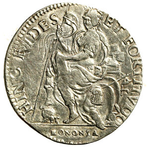 reverse: BOLOGNA. Sisto V (1585-1590) Testone. (9,38 g) Busto volto a ds. R/ Felsina galeata e armata; in esergo BONONIA. MIR 1354/1; Munt. 96; Berm. 136e.    AR    RARO   qSPL