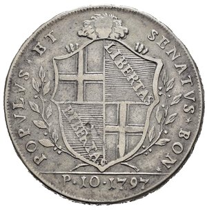 obverse: BOLOGNA. Governo Popolare (1796-1797). Scudo 1797 (10 Paoli). Ag (28,76 g). D/Stemma della città. R/ la Vergine con bambino su nubi sovrasta la città. MIR 58/2. BB+