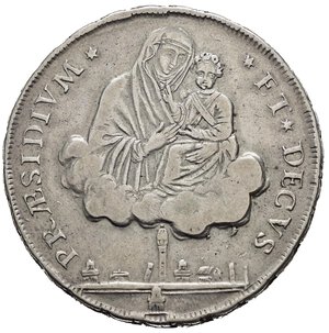 reverse: BOLOGNA. Governo Popolare (1796-1797). Scudo 1797 (10 Paoli). Ag (28,76 g). D/Stemma della città. R/ la Vergine con bambino su nubi sovrasta la città. MIR 58/2. BB+