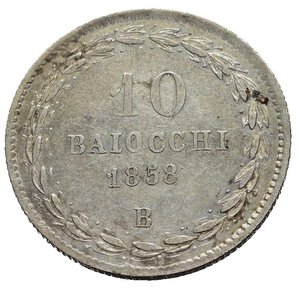 reverse: Bologna. Stato Pontificio. Pio IX (1846-1870). 10 Baiocchi 1858 B. Ag (2,86 g). Gig. 127. RR. SPL