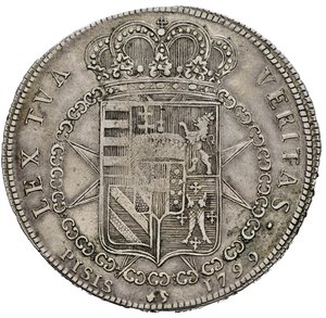 reverse: FIRENZE. Ferdinando III di Lorena (1790-1801). Francescone 1799. Ag (27,02 g). D/Testa a destra; R/ Stemma coronato. MIR 405/8. BB