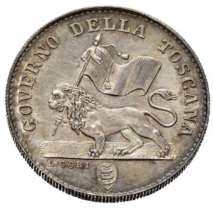 obverse: FIRENZE. Governo Provvisorio di Toscana (1859-1860). Fiorino 1859. Ag (6,86 g). D/ Leone gradiente a sinistra con bandiera Italiana. R/ Giglio in cerchio perlinato. Gig. 2. qFDC