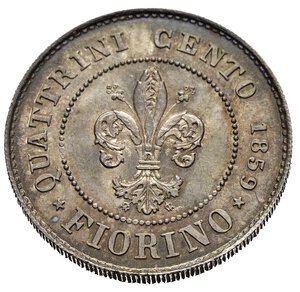 reverse: FIRENZE. Governo Provvisorio di Toscana (1859-1860). Fiorino 1859. Ag (6,86 g). D/ Leone gradiente a sinistra con bandiera Italiana. R/ Giglio in cerchio perlinato. Gig. 2. qFDC