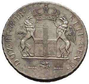 obverse: GENOVA. DOGI BIENNALI, III fase (1637-1797). 4 Lire 1797. Ag (16,32 g). D/ Stemma coronato affiancato da grifi. R/ San Giovanni Battista. MIR 313/5. Rara. Debolezza di conio al D/. qSpl/BB+