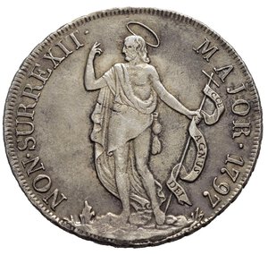 reverse: GENOVA. DOGI BIENNALI, III fase (1637-1797). 4 Lire 1797. Ag (16,32 g). D/ Stemma coronato affiancato da grifi. R/ San Giovanni Battista. MIR 313/5. Rara. Debolezza di conio al D/. qSpl/BB+