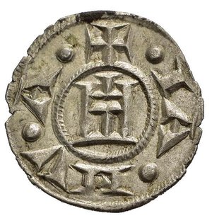 reverse: GENOVA. REPUBBLICA (1139-1339). Denaro Ag (0,86 g). D/ Castello. R/ Croce. MIR 16. SPL+