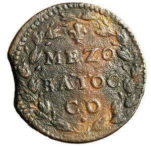 reverse: GUBBIO. Innocenzo X (1644-1655) Mezzo baiocco A/ VIII (g. 7,75). Stemma R/ giglio / MEZZO / BAIOC/ CO in corona. Munt. 121; CNI 72; Berm. 1866.      CU    RARO    SPL