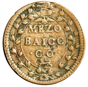 reverse: GUBBIO. Innocenzo XI (1676-1689) Mezzo baiocco A/ VII. (g. 7,90) Stemma R/ aquila/ MEZO/ BAIOC/ CO/ leone tra rami. Munt.     AE    qSPL