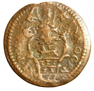 obverse: GUBBIO. Innocenzo XI (1676-1689)  Quattrino A/ V (g. 3.10) Stemma R/ Busto della B. Vergine con Bimbo. Berm. 2155.  CU    RARO     +BB   