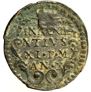 reverse: GUBBIO. Innocenzo XI (1676-1689) Quattrino A/ X (g. 3.31) Stemma R/ INNOCEN / TIVS / XII P M / AN X in cartella. Munt. 290.  CU    RARO     +BB   