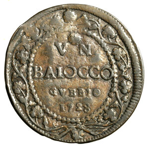 reverse: GUBBIO. Benedetto XIII (1724-1730) Baiocco 1728/ II. (g. 13,85) Stemma R/ VN/ BAIOCCO/ GVBBIO/ 1728 in ghirlanda di tralci di vite. CNI 22; Munt. 47h    RARO     CU     +BB