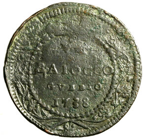 reverse: GUBBIO. Clemente XII (1730-1740) Baiocco 1738/ VII (g. 14,59) Stemma R/ VN/ BAIOCCO/ GVBBIO/ 1738 in ghirlanda di tralci di vite. Munt. 203 b; CNI 57; Berm. 2694.      CU    +BB