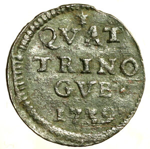 reverse: GUBBIO. Clemente XII (1730-1740) Quattrino 1739 (g. 2,18). Stemma R/ giglio/ QVAT/ TRINO / GVB /1739. Munt. 221a; Berm. 2699.   RARO    CU    BB