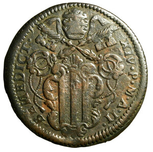 obverse: GUBBIO. Benedetto XIV (1740-1758) Baiocco 1742/ II (g. 9,73) Stemma R/ VN/ BAIOCCO/ GVB/ 1742 in cartella. Munt. 170; Berm. 2780.      RARO    CU   +BB