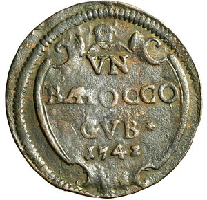 reverse: GUBBIO. Benedetto XIV (1740-1758) Baiocco 1742/ II (g. 9,73) Stemma R/ VN/ BAIOCCO/ GVB/ 1742 in cartella. Munt. 170; Berm. 2780.      RARO    CU   +BB