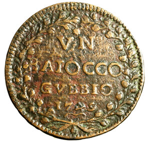 reverse: GUBBIO. Benedetto XIV (1740-1758) Baiocco 1749 (g. 13,62) Stemma R/ stella / VN / BAIOCCO / GVB / 1749 tra rami. Munt. 452 var. 1; Berm. 2834.   RARO    CU   +BB