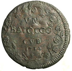 reverse: GUBBIO. Benedetto XIV (1740-1758) Baiocco 1754/ XIV (g. 10,86) Stemma R/ VN/ BAIOCCO/ GVB/ 1754 tra tralci di vite. CNI 175; Munt. 505.       RARO    CU   SPL